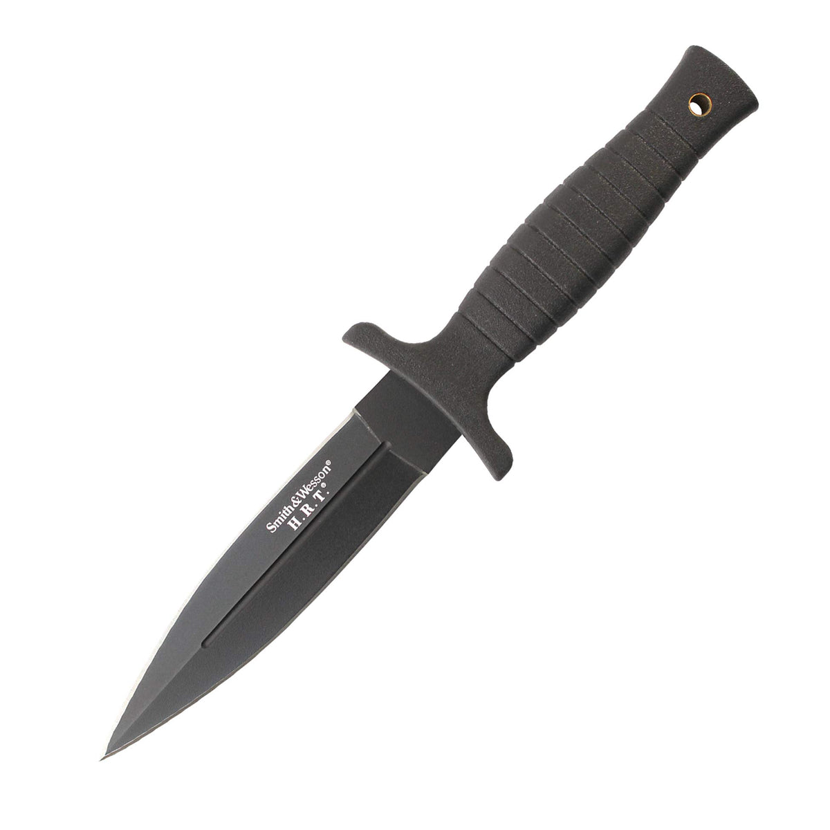 Smith & Wesson SWHRT9B blade close-up highlighting dual-edged spear point for versatile cutting