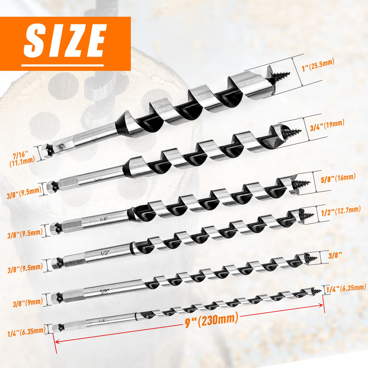 SMJXTOP 9-inch augur set designed for versatile woodworking projects.