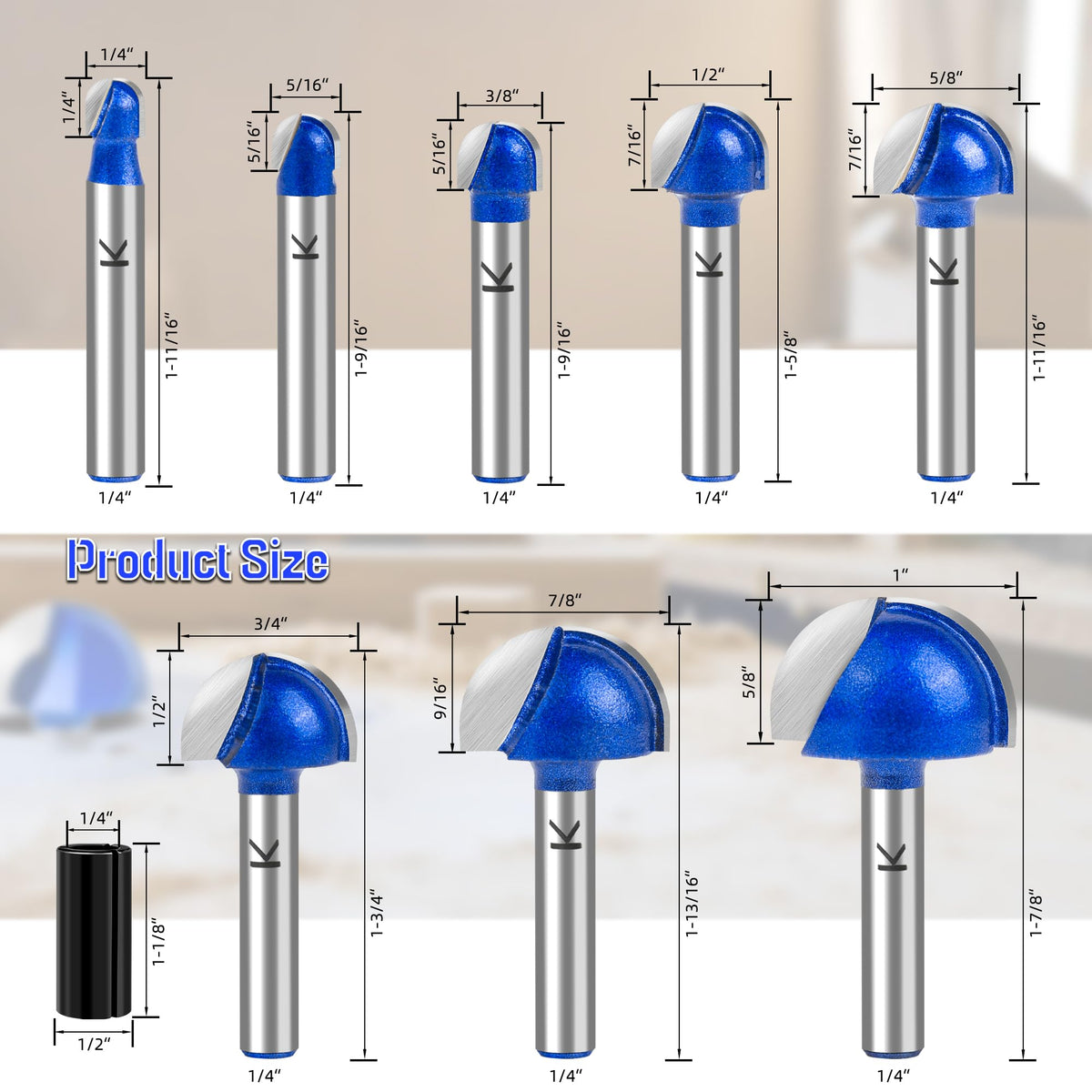 SMJXTOP core box round-nose bit shows diameter range for beading and fluting