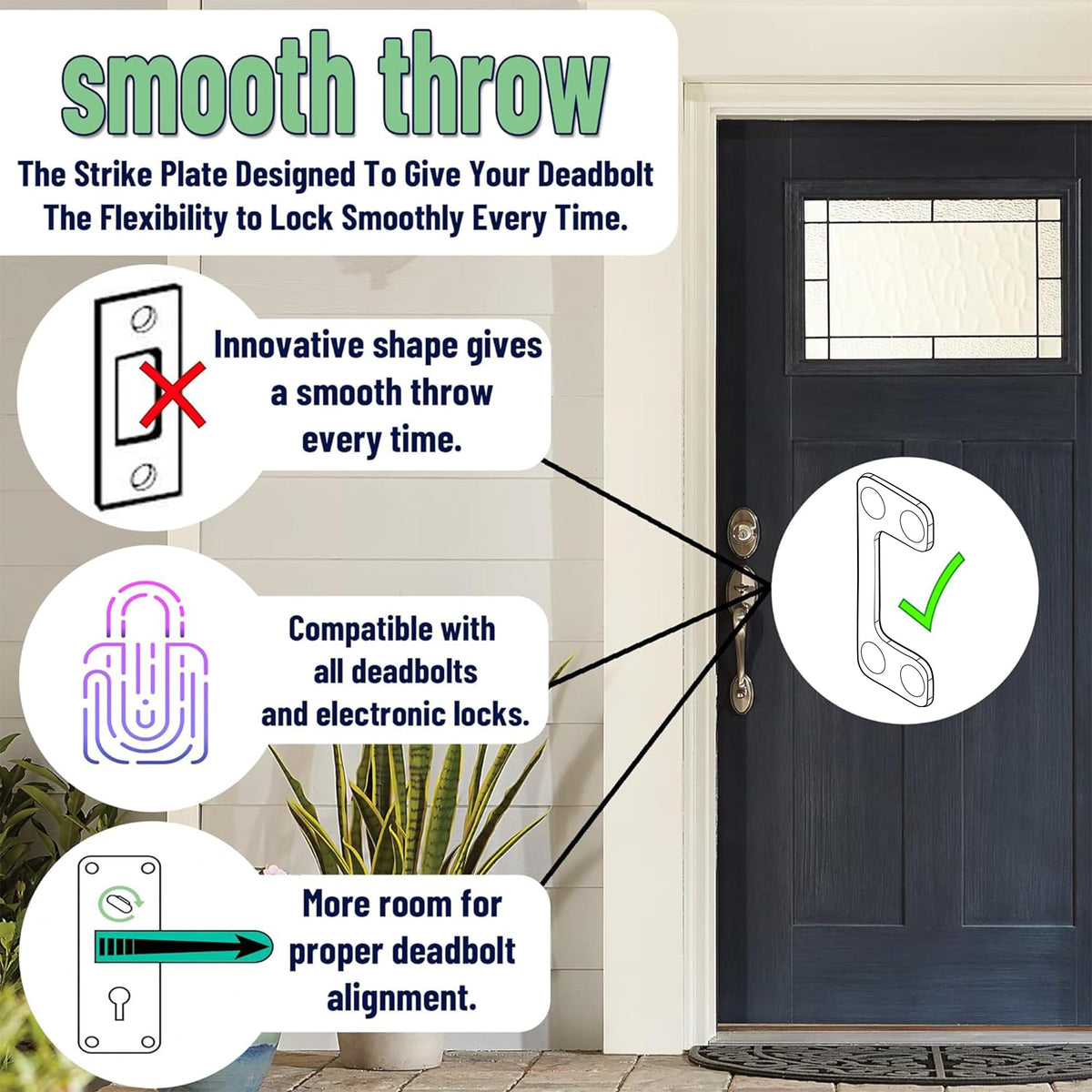 Smooth Throw adjustable strike plate holes improve deadbolt alignment for seamless operation.