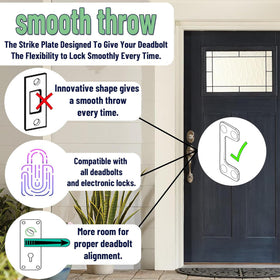 Smooth Throw adjustable strike plate holes improve deadbolt alignment for seamless operation.
