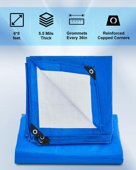 SmoothNovelty blue tarp six-pack with grommets ready for camping.