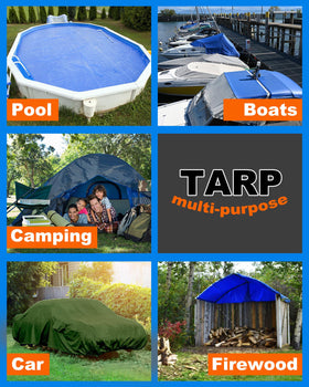 SmoothNovelty tarp protecting boats and grills from rain and UV.