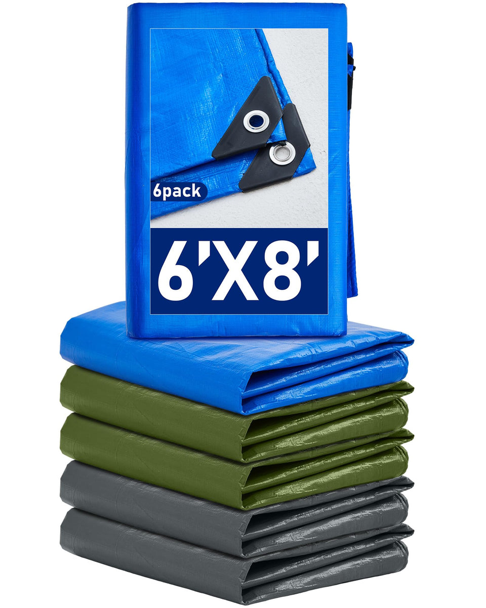 SmoothNovelty green tarp six-pack laid out for outdoor rain protection.