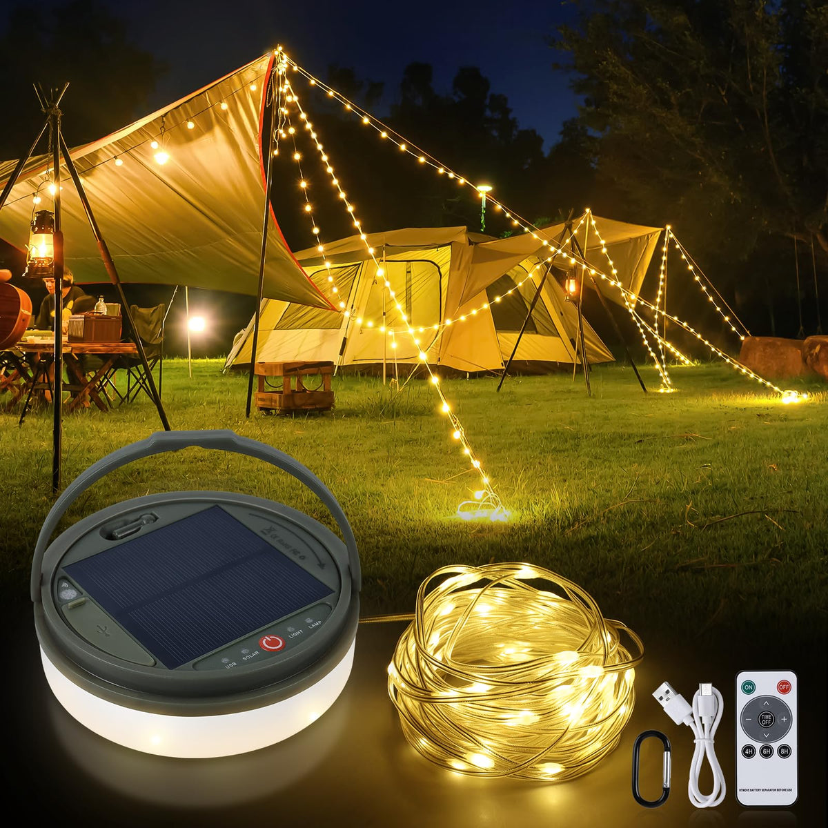 SMY Lighting 4-in-1 camping lights fully extended for tent illumination.