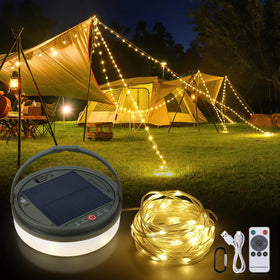 SMY Lighting 4-in-1 unit ready for camping setup with integrated lantern and string lights