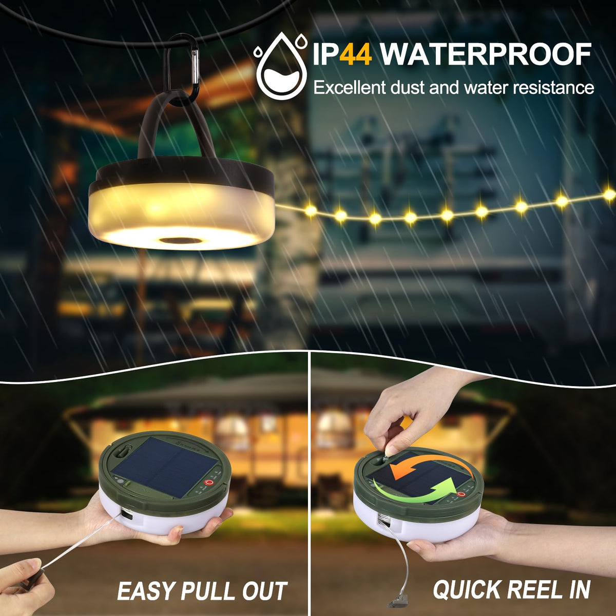 SMY Lighting built-in handle for hanging in tents or gazebos.