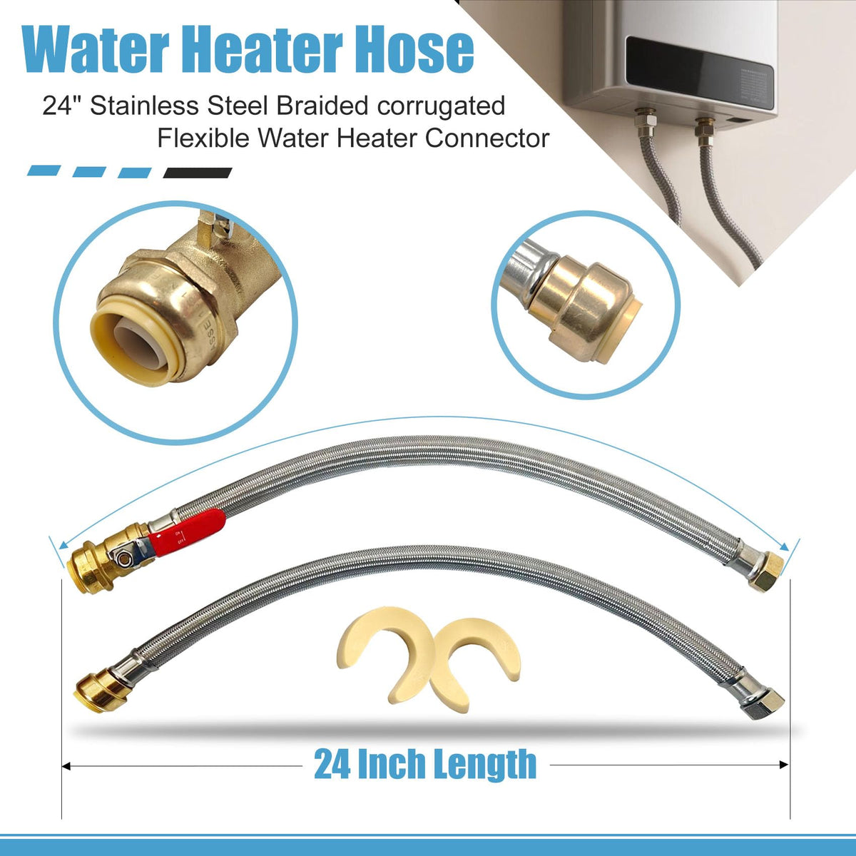 SMZTools stainless braided hose connector offers durable, lead-free hot water supply.
