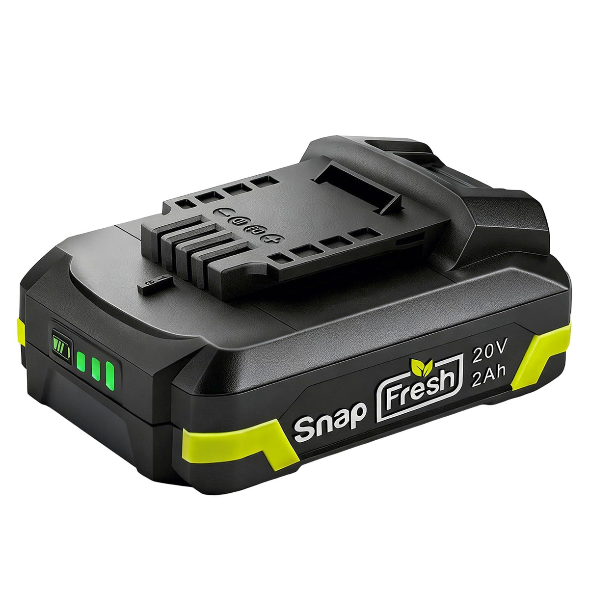 SnapFresh 20V battery front view highlights compact, easy-grip design for DIY tasks.