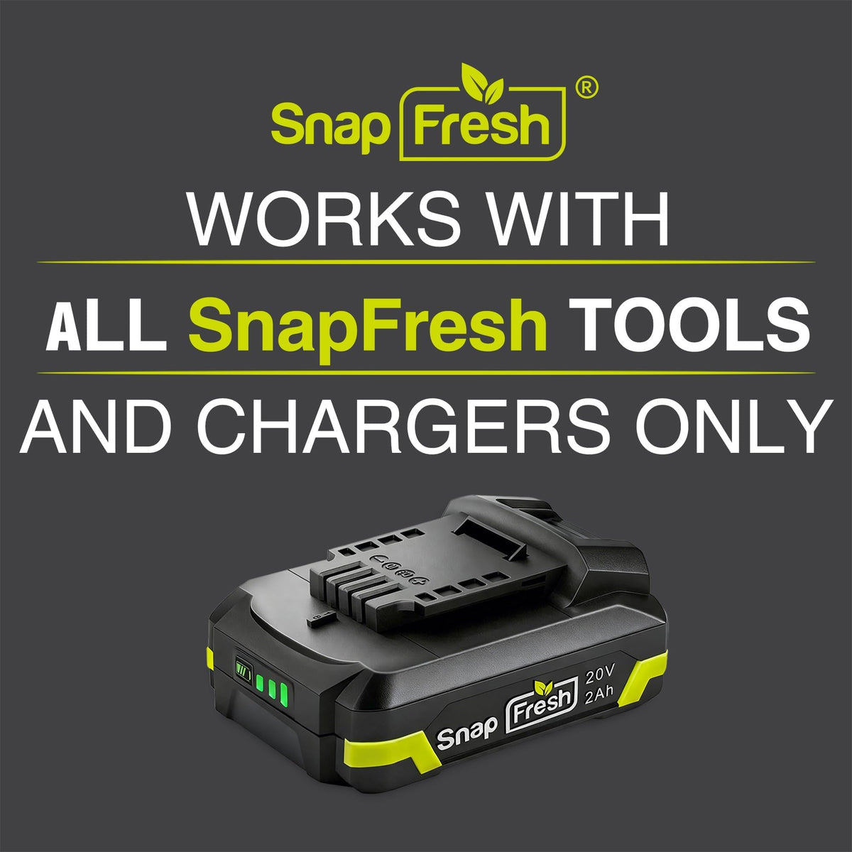 SnapFresh 20V battery side view emphasizes slim profile for tool access.