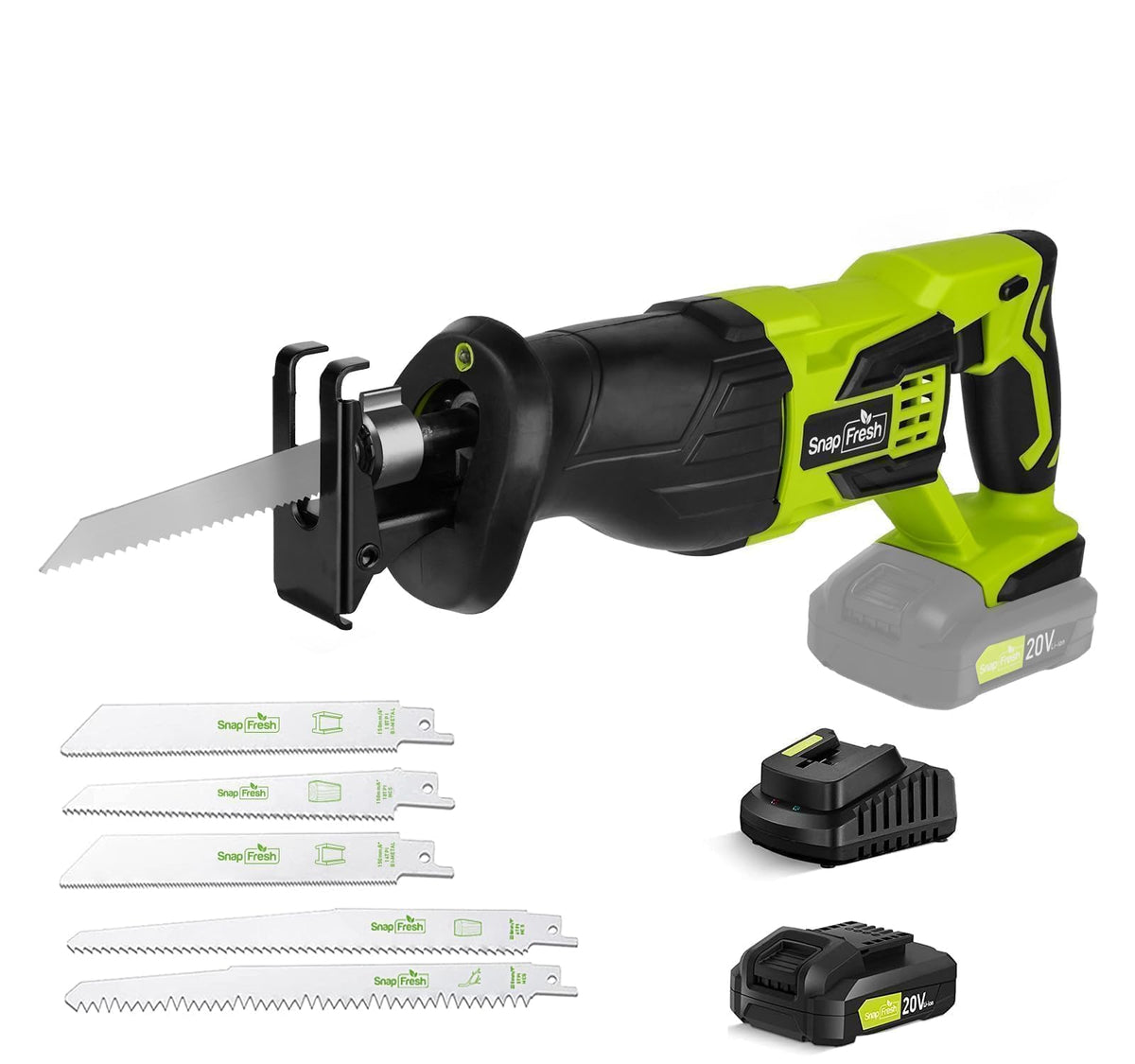 SnapFresh 20V reciprocating saw in use for fast wood and metal cuts