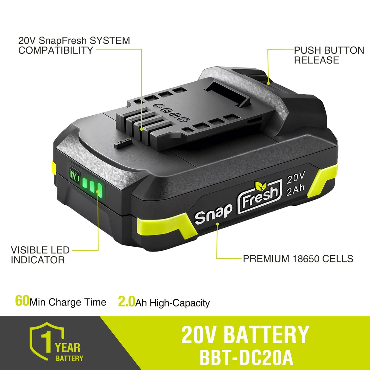 SnapFresh 3-LED fuel gauge display lets you monitor charge at a glance.