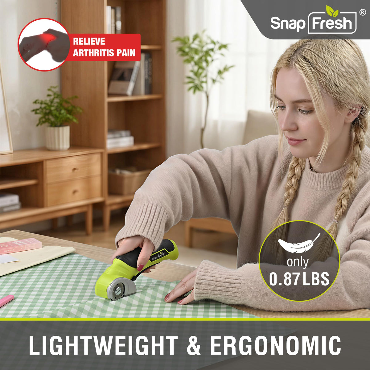 SnapFresh cordless electric scissors cutting plastic with controlled motion