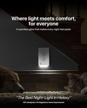 SnapPower GuideLight duplex outlet plate with LED night light for safe navigation.
