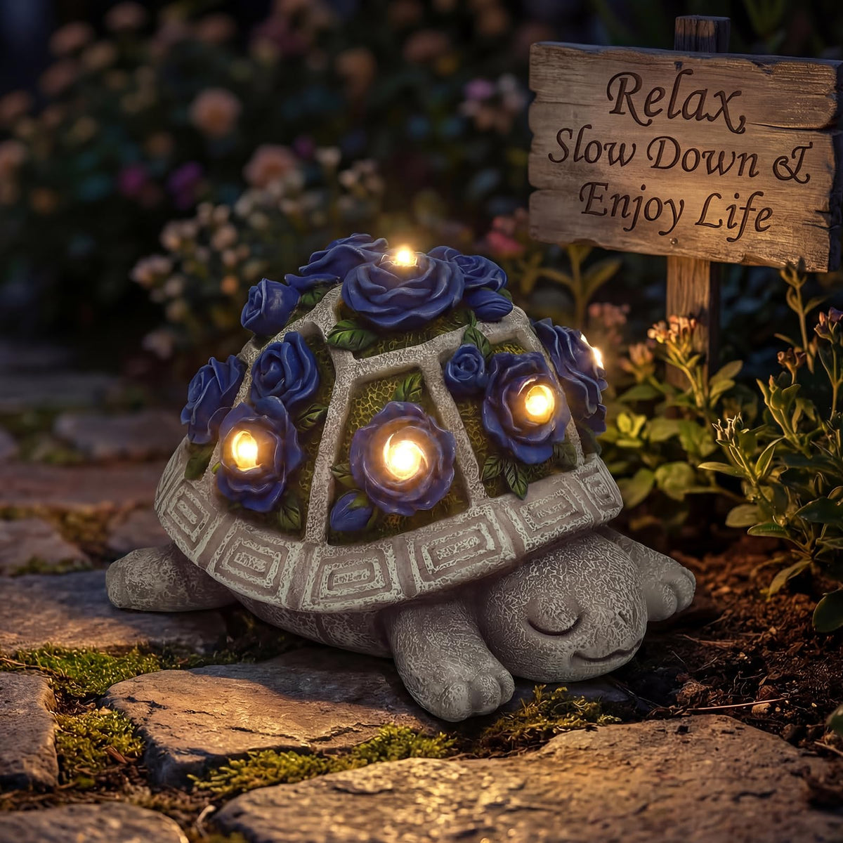 Snclriao night glow highlights the blooms and tranquil garden mood.