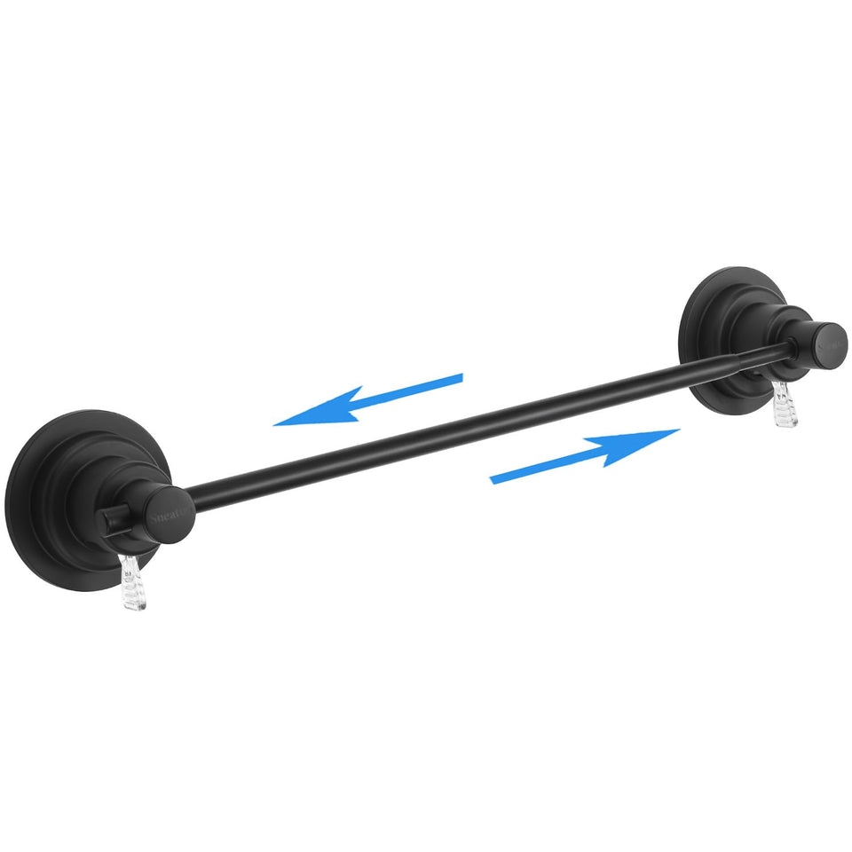 Sneatup extendable towel bar secured by suction cup for drill-free wall mounting