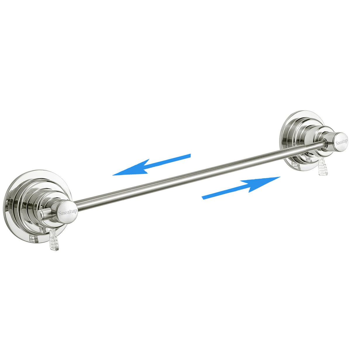 Sneatup suction cup extendable towel bar on brushed nickel finish holds towels securely without drilling.