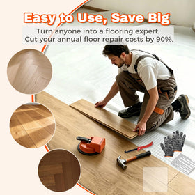 Grout scraper clearing debris from floor gaps before repair