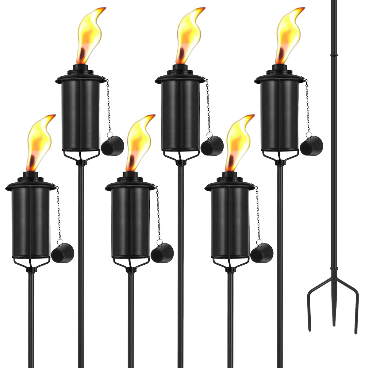 SNOGSWOG six-pack garden torches with 16 oz canisters for insect deterrence outdoors.