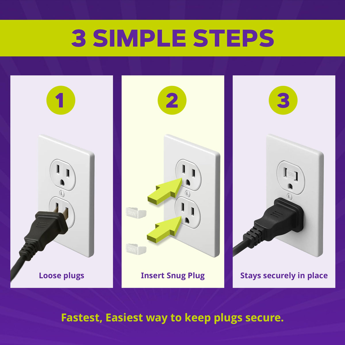 Two-second install: Snug Plug clip being placed over outlet prongs