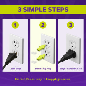 Two-second install: Snug Plug clip being placed over outlet prongs