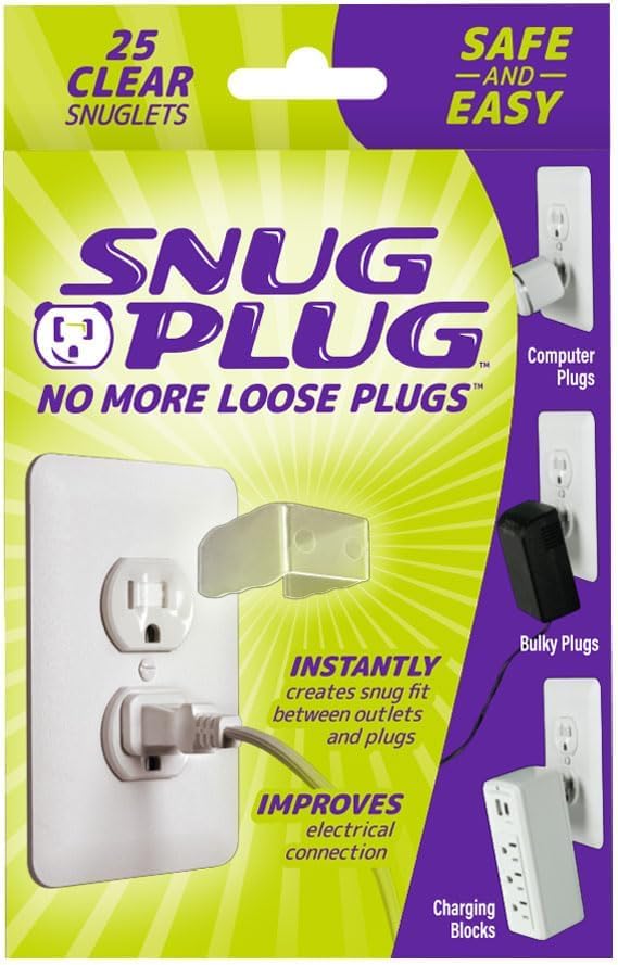 Snug Plug outlet tightener in use, clear plug securing a loose outlet