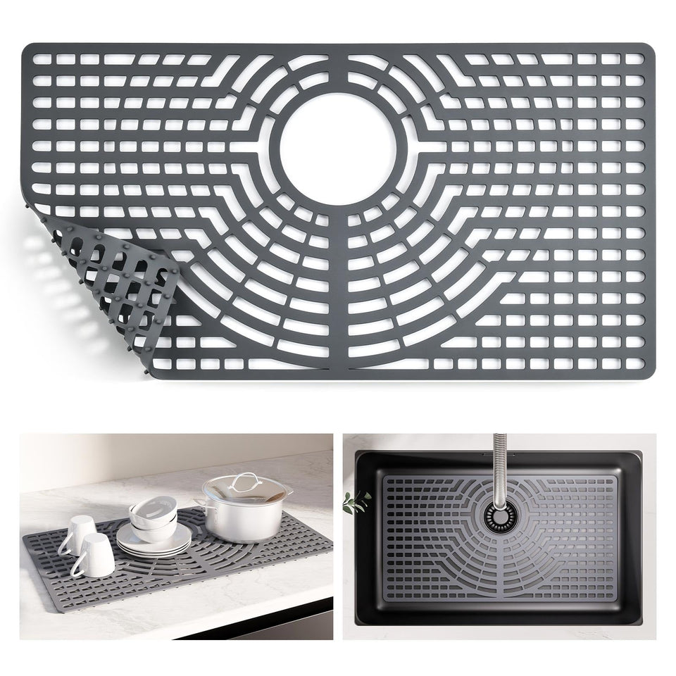 Snuggery gray silicone sink protector shields dishes from scratches.