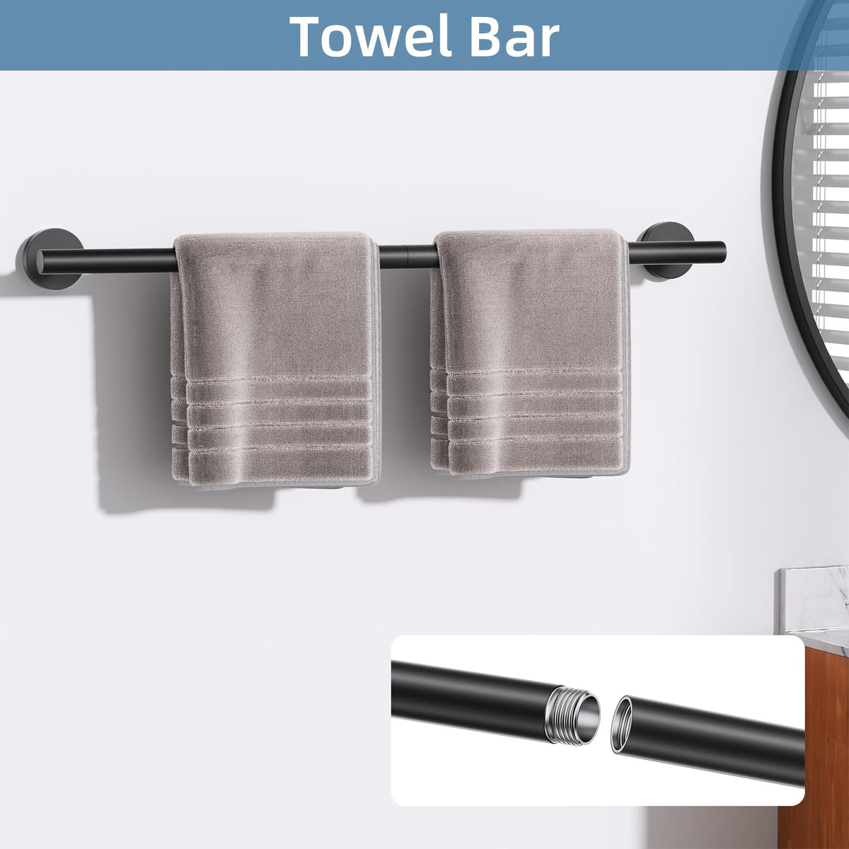 SOAEZ black towel bar (23-6in) provides sturdy support for larger towels.