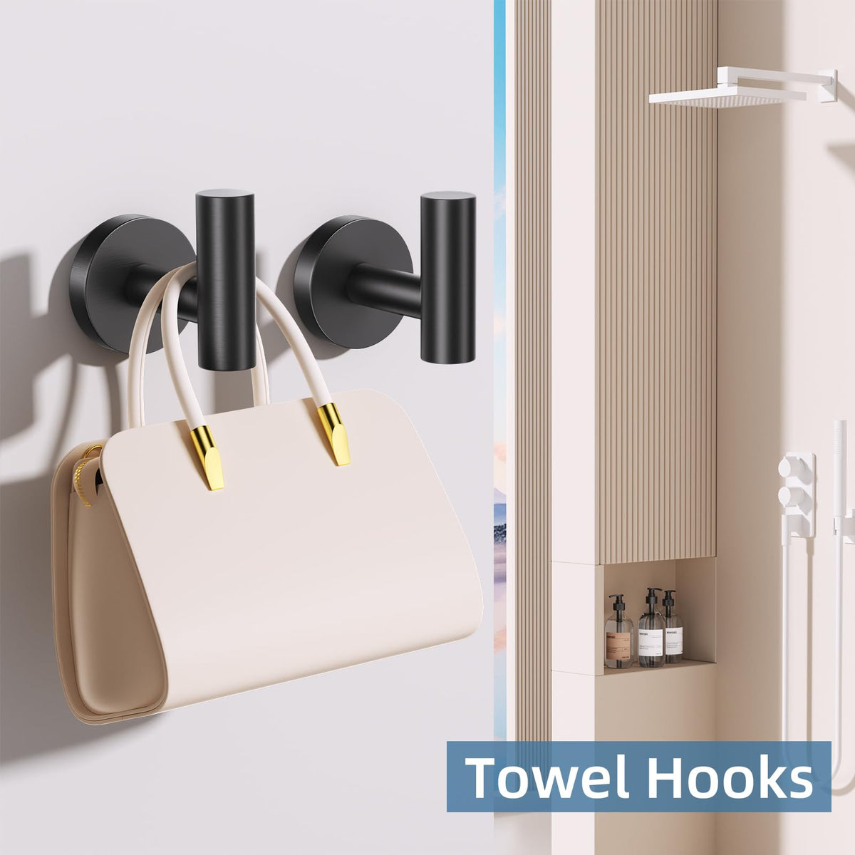 SOAEZ black towel ring keeps hand towels within reach.