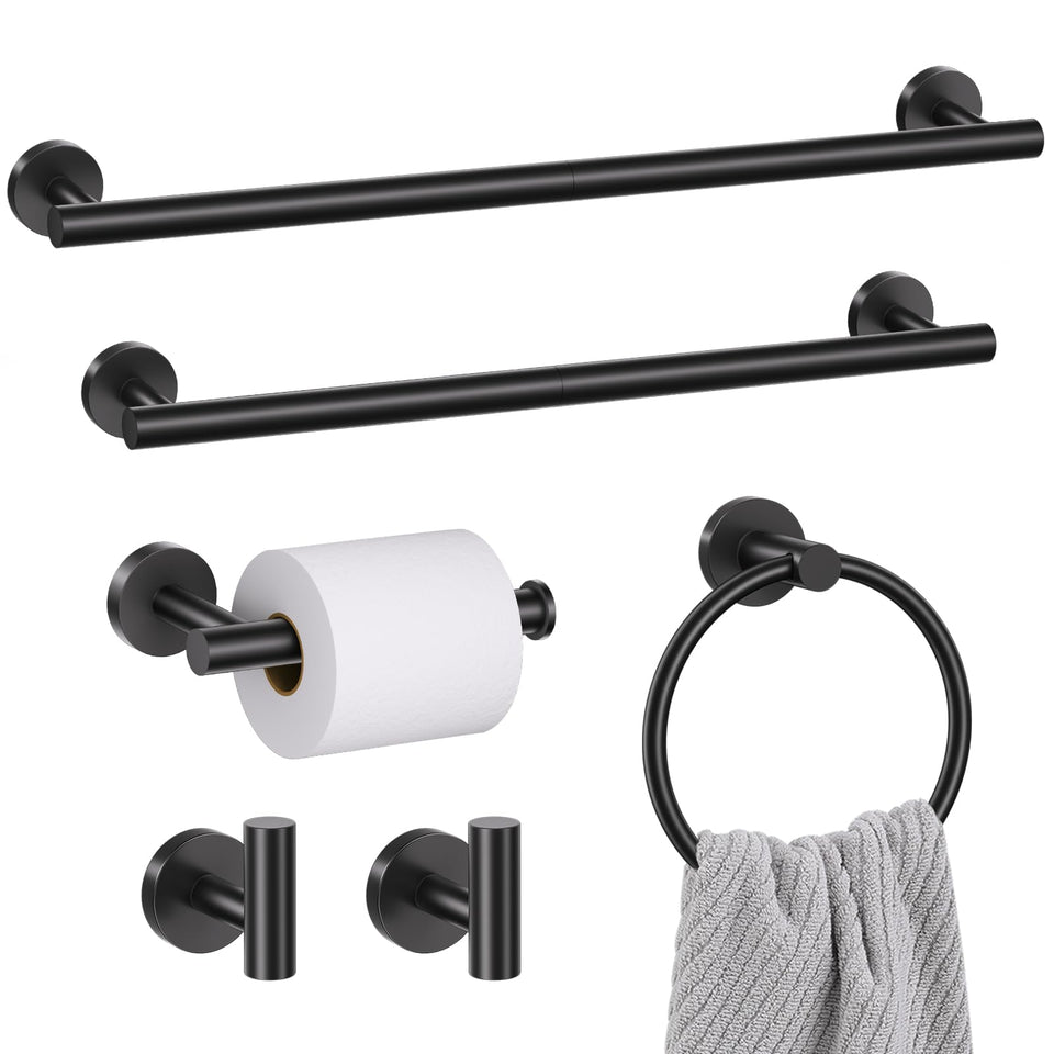 Soaez matte black towel bars provide a cohesive look with durable, rustproof support.