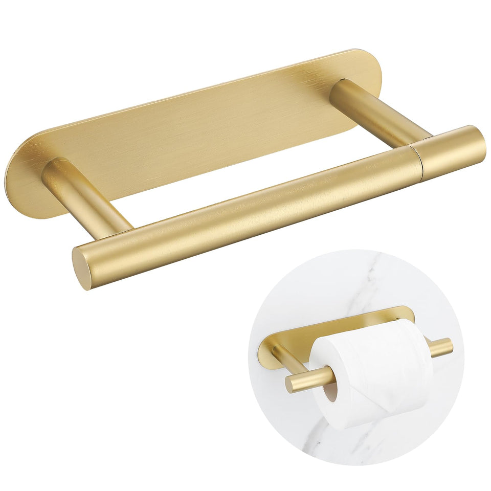 Soaez self-adhesive brushed gold toilet paper holder on wall offers secure placement and elegant style.