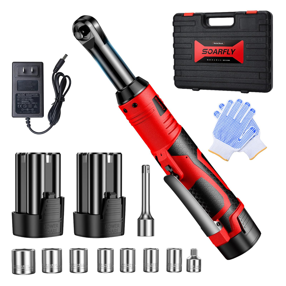 SOARFLY 38-inch cordless ratchet wrench with extended neck reaching tight engine bays.