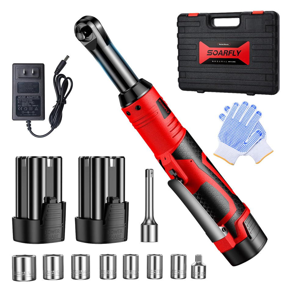 SOARFLY 38-inch cordless ratchet wrench with extended neck reaching tight engine bays.