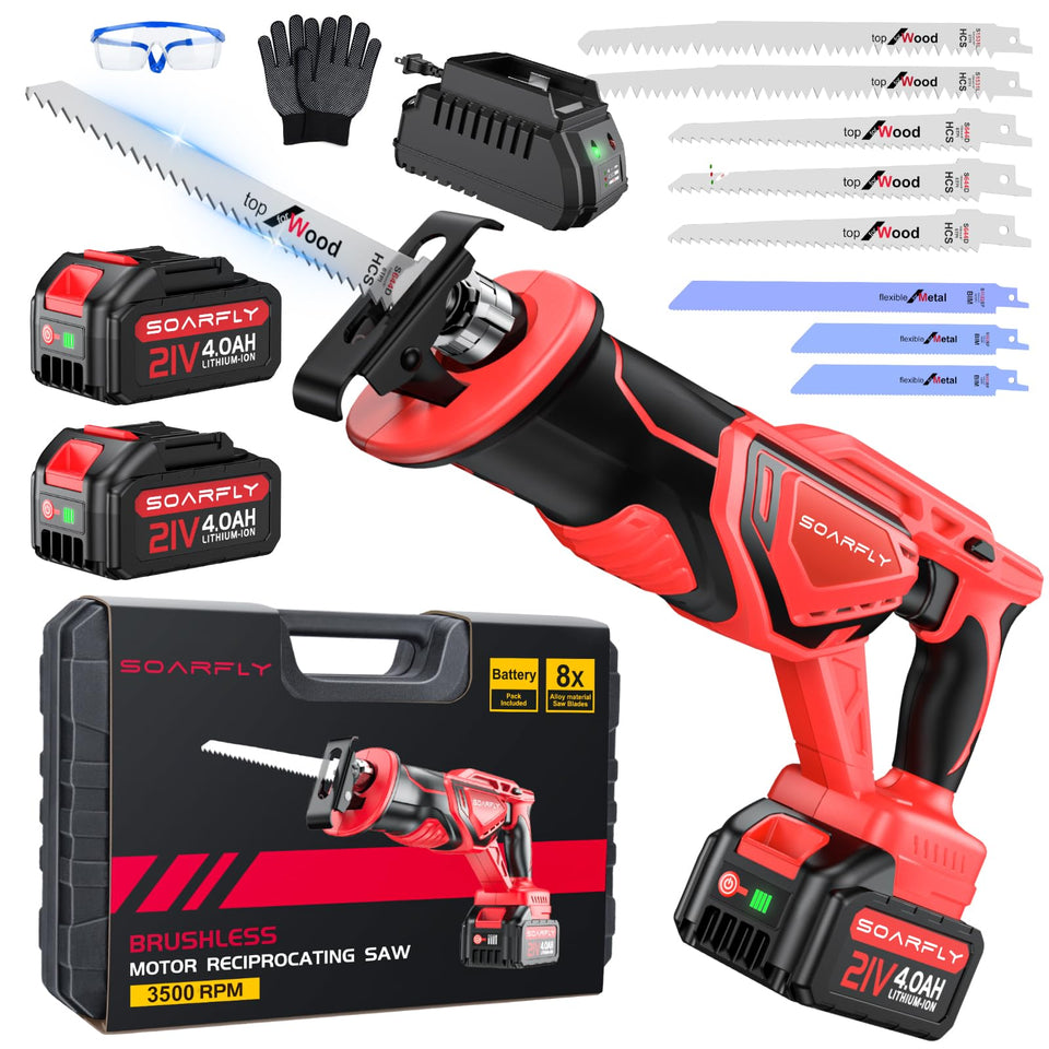 SOARFLY cordless reciprocating saw delivering 3500 SPM for fast cuts.