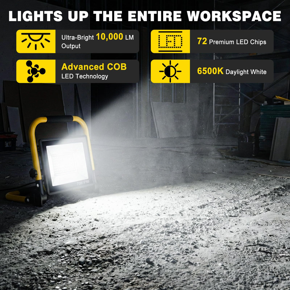 SOARFLY work light with 360° rotation brightens hard-to-reach corners.