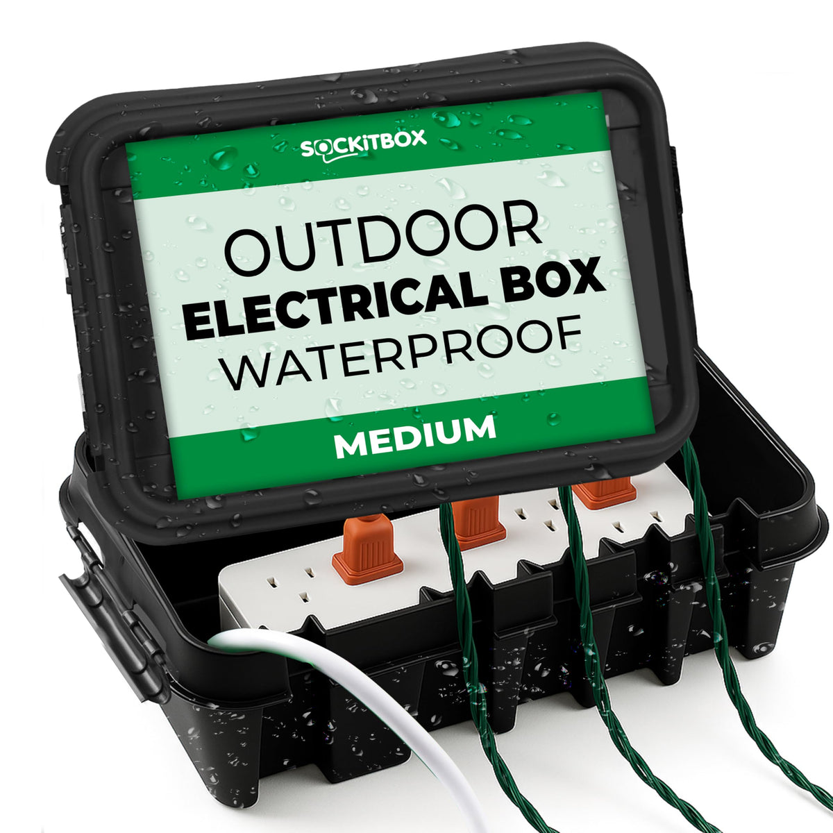 SockitBoX weatherproof box front view protects cords outdoors