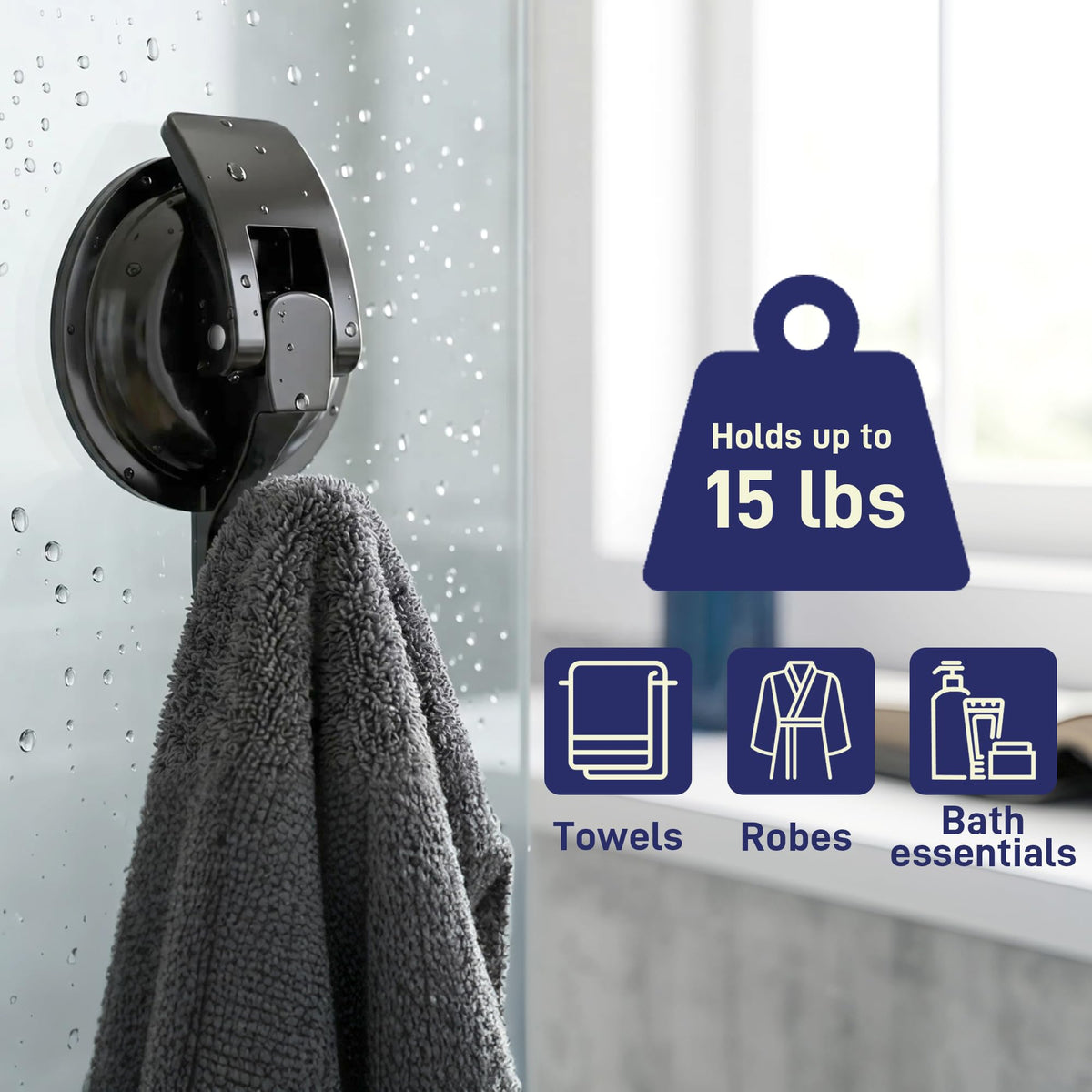 SOCONT matte black wall hook provides strong grip on smooth surfaces.