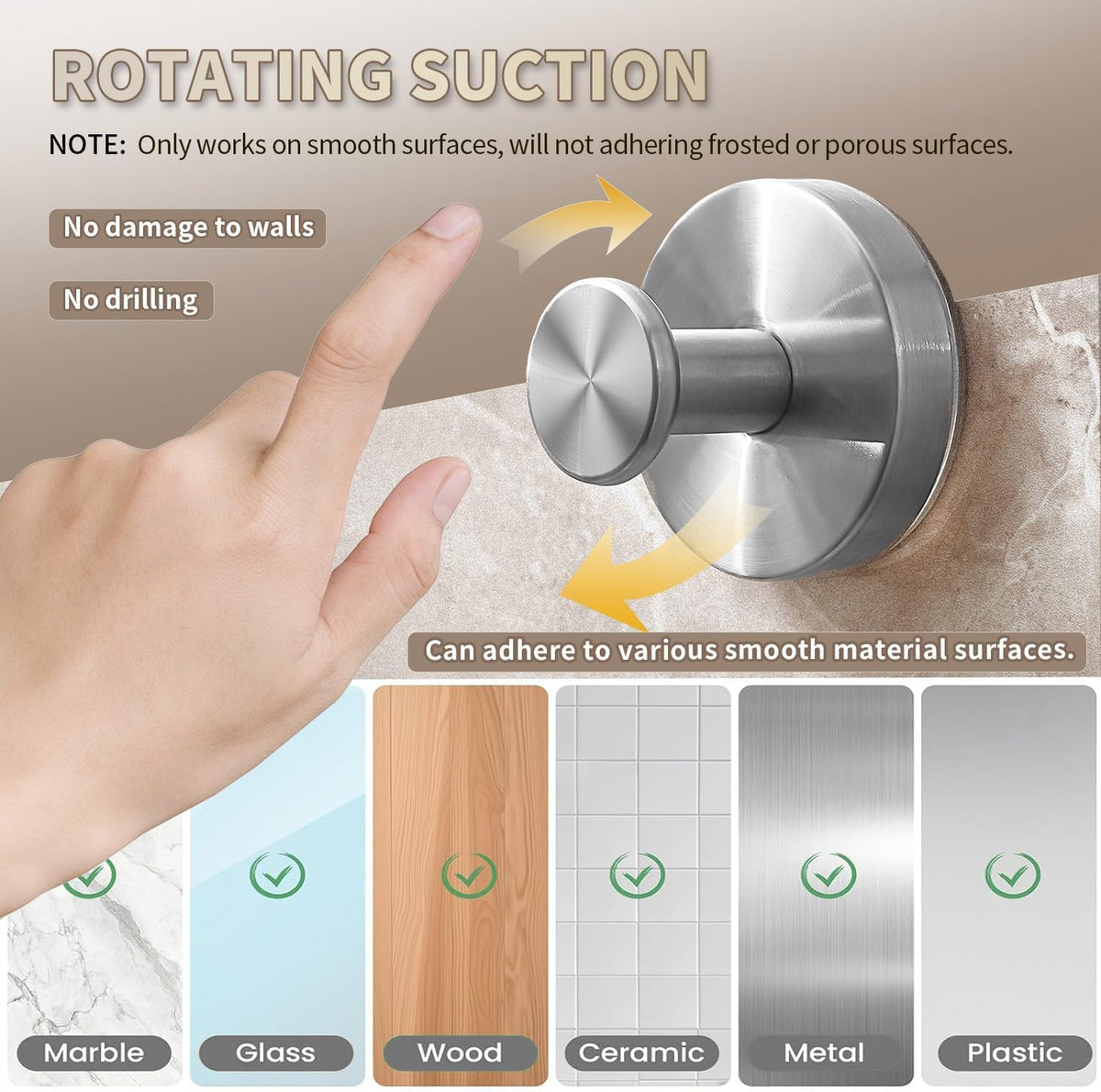 SOCORIA brushed-silver suction hook on wall, blends with decor and holds items.