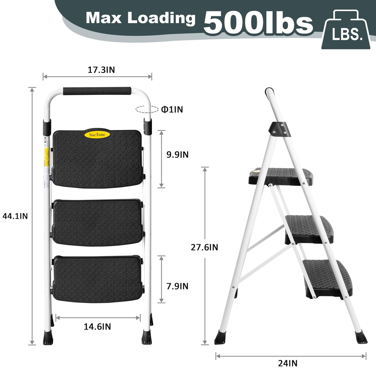 Soctone ladder in use in kitchen for reach and setup.
