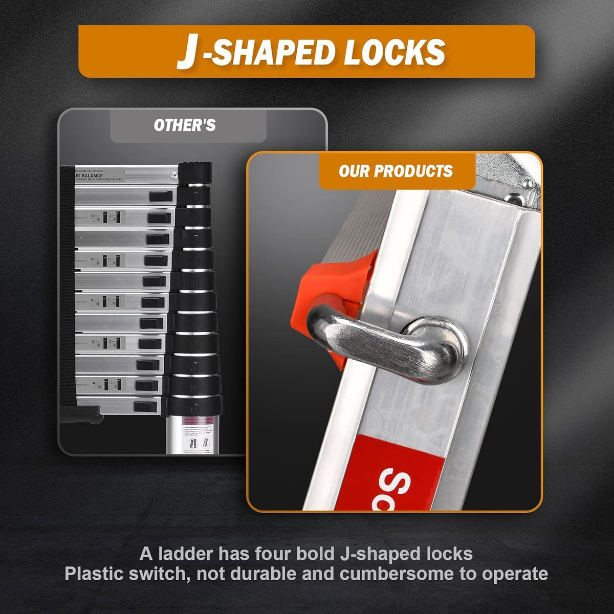 Soctone ladder J-lock mechanism keeps sections in place during use.