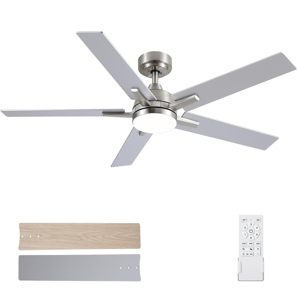 SODSEA 52-inch ceiling fan with brushed nickel finish and integrated light for bedrooms and living spaces
