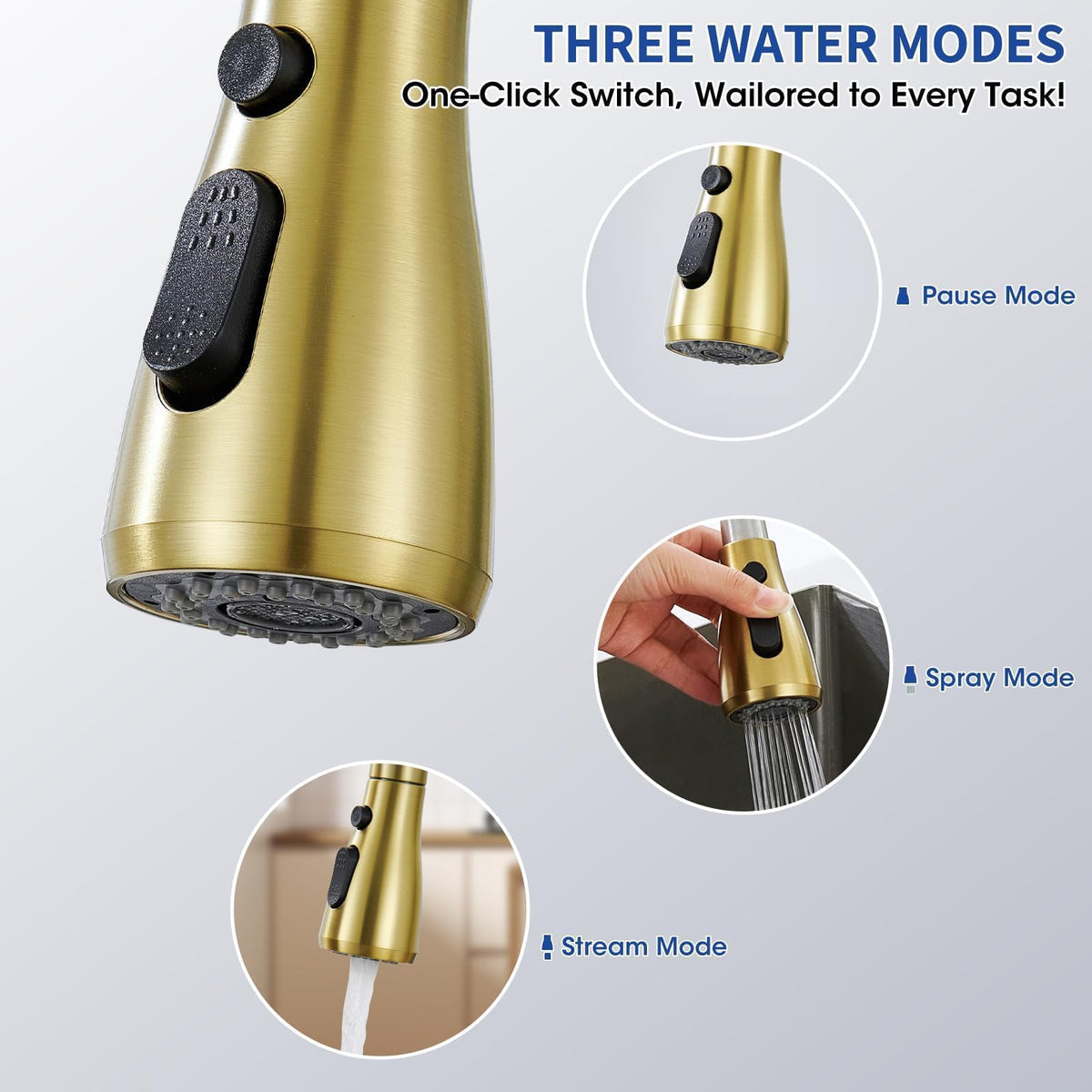 SOEBIZ brushed gold faucet installed in 1-3 hole setups with deck plate included