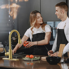 SOEBIZ brushed gold faucet rotates 360 degrees for full sink coverage