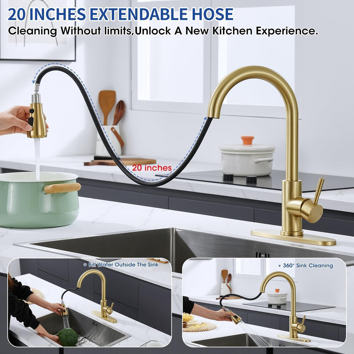 SOEBIZ brushed gold faucet with high-arc design offering generous reach for sinks