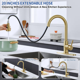 SOEBIZ brushed gold faucet with high-arc design offering generous reach for sinks