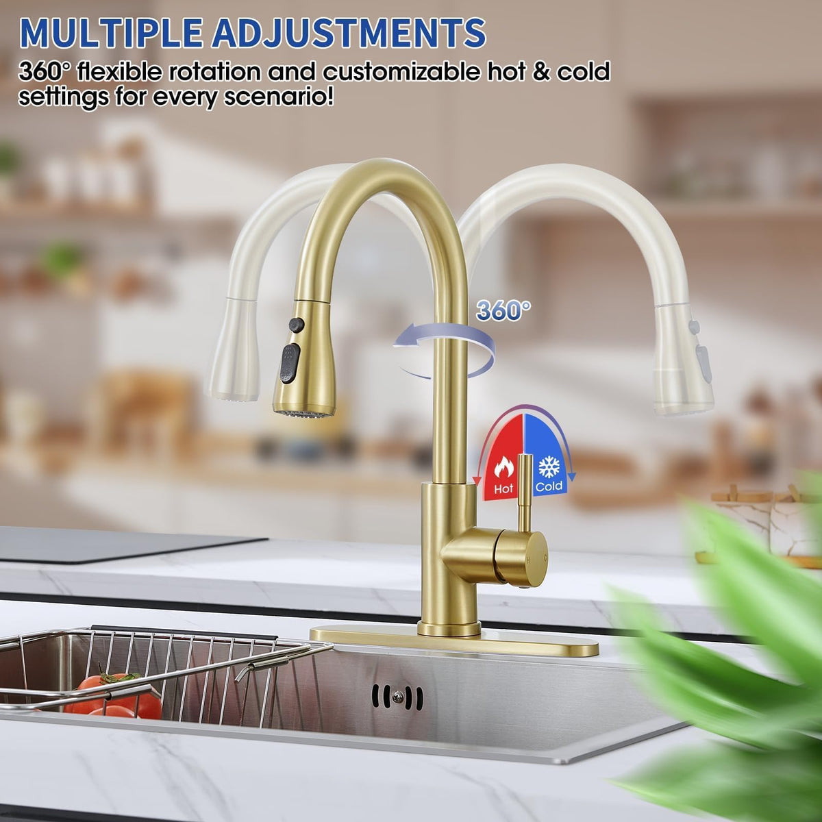 SOEBIZ brushed gold faucet with 18-inch PEX hoses for reliable hot water supply