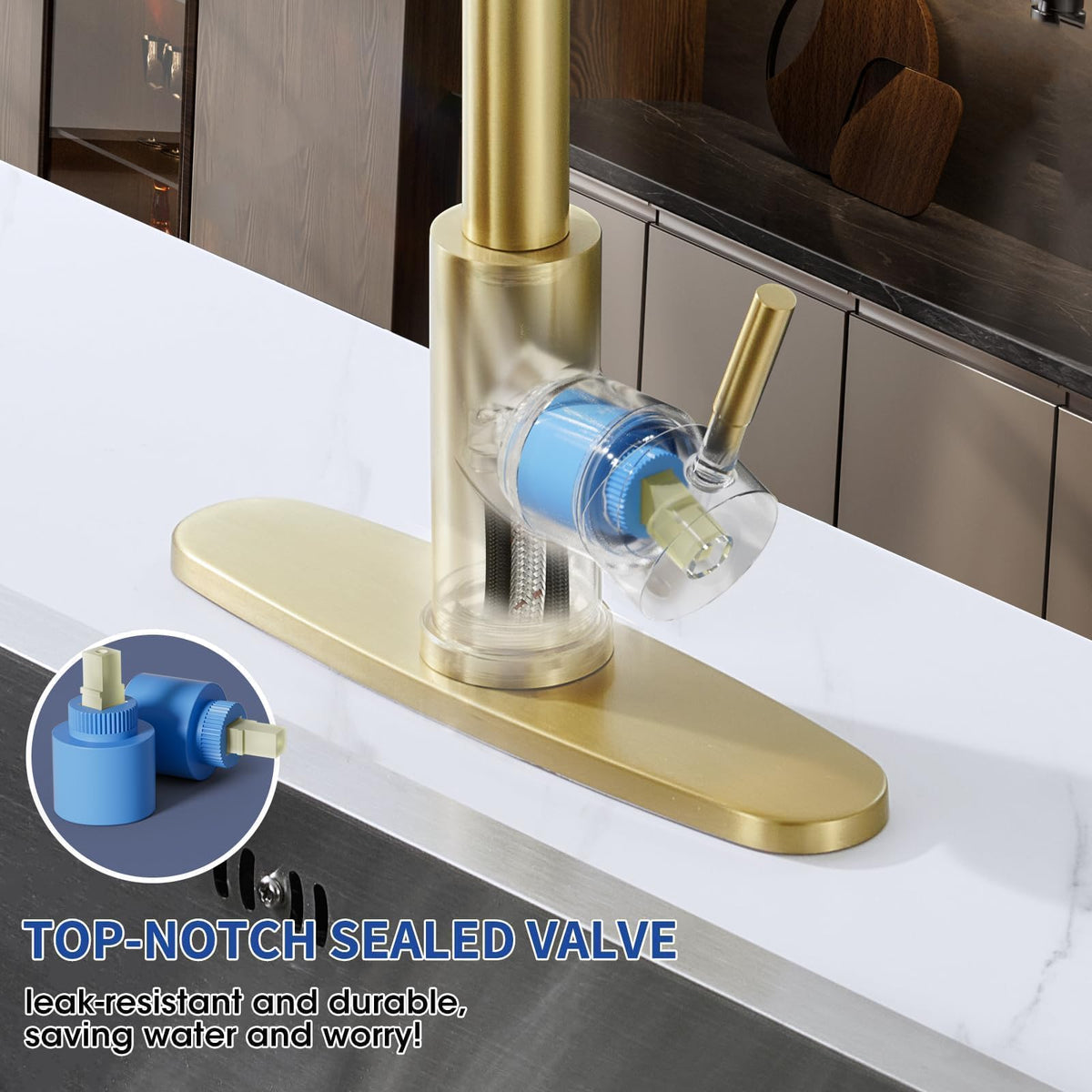 SOEBIZ brushed gold faucet offers Stream, Spray, and Pause spray modes