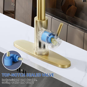 SOEBIZ brushed gold faucet offers Stream, Spray, and Pause spray modes
