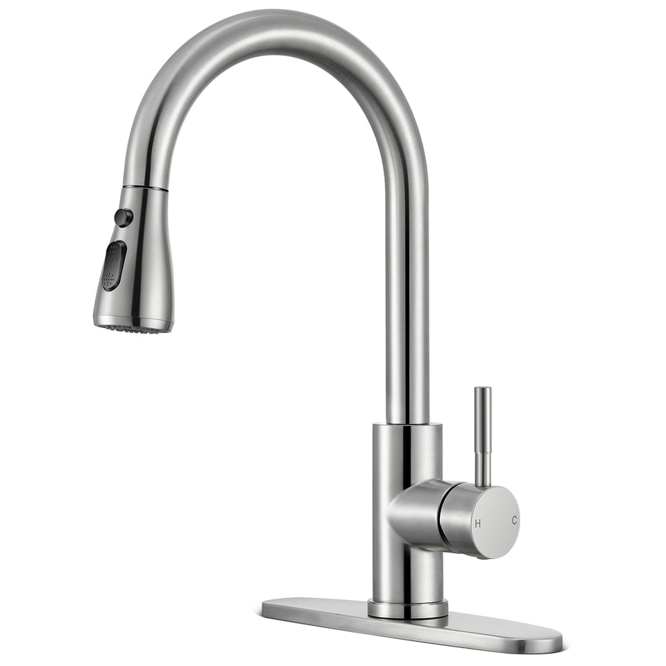 SOEBIZ pull-down brushed-nickel kitchen faucet offering versatile reach for daily tasks