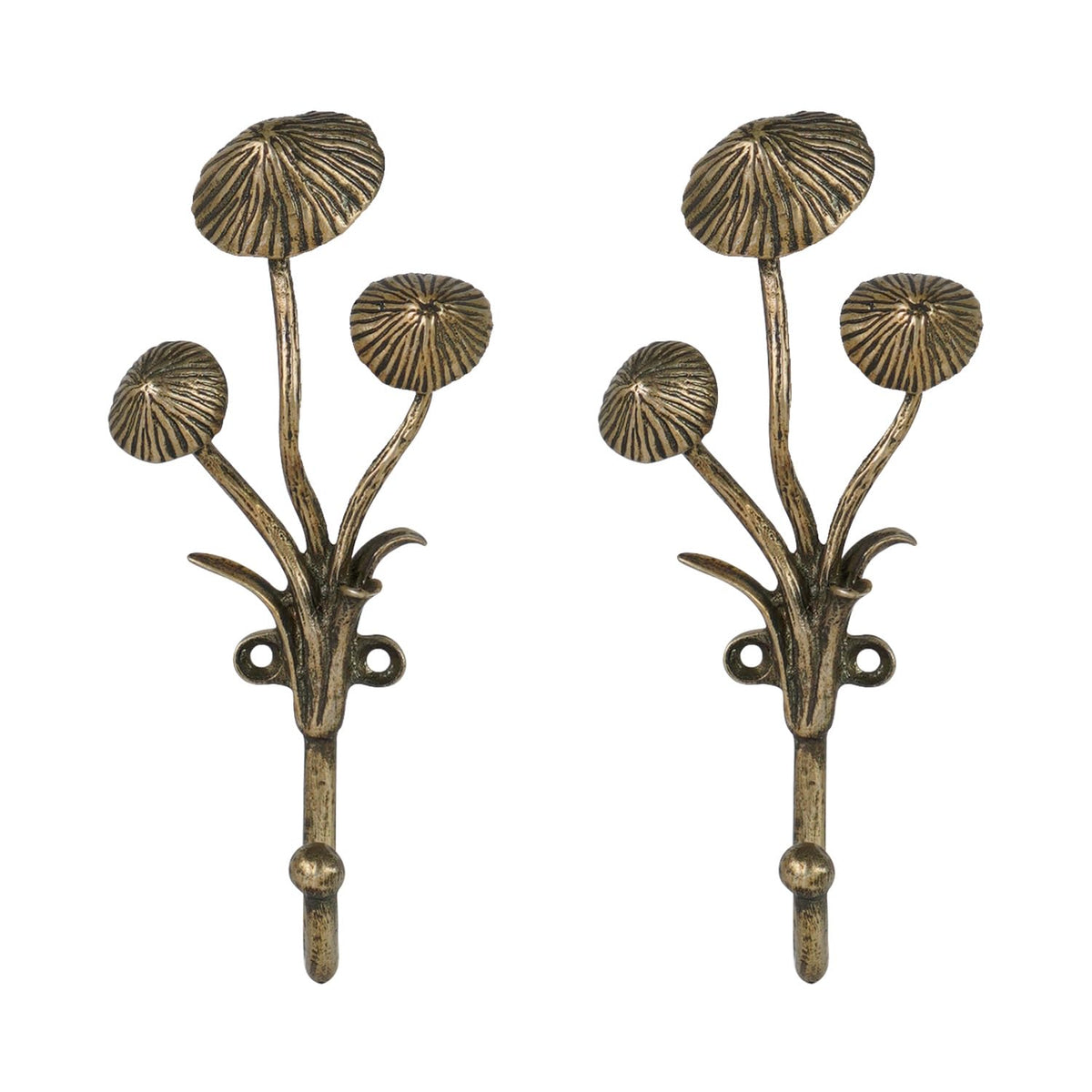 SOFFEE DESIGN 2pc metal gold coat hooks with 3D mushroom wall decor for entryway organization